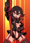  1girl black_hair breasts gloves hounori kill_la_kill looking_at_viewer matoi_ryuuko multicolored_hair navel open_mouth red_hair scissor_blade senketsu short_hair skirt solo streaked_hair suspenders thighhighs two-tone_hair weapon 