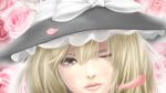  1girl bangs black_headwear blonde_hair closed_mouth commentary_request face flower hair_between_eyes hat highres jphspsu0712 kirisame_marisa lips long_hair looking_at_viewer nose one_eye_closed petals pink_flower realistic rose solo touhou witch_hat yellow_eyes 