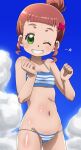  1girl awa brown_hair chouno_hikari cloud green_eyes highres kamisama_minarai:_himitsu_no_cocotama looking_at_viewer navel one_eye_closed short_hair smile solo swimsuit teeth 