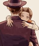  2boys ace_attorney bangs brown_eyes child father_and_son gregory_edgeworth hat hug male_focus miles_edgeworth multiple_boys parent_and_child parted_bangs renshu_usodayo simple_background 