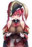  1girl absurdres ascot bare_shoulders bicorne breasts cleavage gloves hat heterochromia highres hololive houshou_marine large_breasts leotard leotard_under_clothes nipple_press pirate_hat red_ascot red_hair sleeveless sleeveless_jacket tousaki_(tousakiworks) virtual_youtuber yellow_eyes 