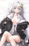 1girl ahoge bed_sheet black_jacket braid breasts collarbone collared_shirt dress_shirt feet_out_of_frame fur-trimmed_jacket fur_trim grey_hair grey_skirt hair_ornament highres jacket kizuna_akari knees_up long_hair long_sleeves looking_at_viewer lying medium_breasts murano off_shoulder on_back open_clothes open_jacket parted_lips pleated_skirt puffy_long_sleeves puffy_sleeves shirt skirt sleeves_past_wrists solo star_(symbol) twin_braids very_long_hair voiceroid white_hair white_shirt 
