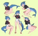  azuumori bangs barefoot black_sailor_collar black_shirt blue_hair breasts closed_eyes closed_mouth covered_navel english_commentary fish_tail full_body hair_between_eyes highres multiple_views neckerchief one-piece_swimsuit original red_eyes red_neckerchief sailor_collar sandals shark_fin shark_girl shark_girl_(azuumori) shark_tail sharp_teeth shirt short_hair short_sleeves smile stretch swimsuit tail teeth white_swimsuit 