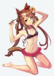  alternate_costume animal_ears armpits blush breasts brown_hair collarbone hair_ornament hair_ribbon highres horse_ears horse_tail kneeling long_hair looking_at_viewer navel okken purple_eyes ribbon simple_background small_breasts sweep_tosho_(umamusume) swimsuit tail twintails umamusume wand white_background 