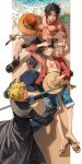  3boys beach black_hair blonde_hair brothers coat grin hat hat_removed headwear_removed highres industrial_pipe lying male_focus monkey_d._luffy mulso multiple_boys on_back one_piece open_clothes open_shirt outdoors portgas_d._ace sabo_(one_piece) siblings smile topless_male 
