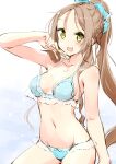  1girl :d absurdres atelier_(series) bare_arms bikini blue_bikini blue_bow blush bow braid breasts brown_hair character_request cleavage collarbone floating_hair groin hair_bow highres long_hair medium_breasts minidraco navel open_mouth shiny shiny_hair sidelocks sketch smile solo swimsuit very_long_hair white_background yellow_eyes 