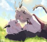  2girls alina_(arknights) animal_ears arknights arms_behind_head black_neckerchief black_shirt blue_eyes blue_sky cloud cloudy_sky dated deer_antlers deer_ears deer_girl dragon_girl dragon_horns dragon_tail dress eye_contact face-to-face grass highres horns kawaii_inu5 looking_at_another lying_on_person multiple_girls neckerchief outdoors pinafore_dress red_shirt shirt sky sun tail talulah_(arknights) tree white_dress yellow_eyes yuri 