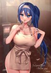  1girl absurdres alyssa_(specktech) apron bangs bare_shoulders blue_eyes blue_hair breasts cleavage commission cowboy_shot english_text hairband hand_up highres index_finger_raised large_breasts long_hair moe_(hamhamham) naked_apron original parted_lips phantasy_star phantasy_star_online_2 second-party_source skeb_commission solo 