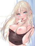  1girl aqua_eyes areolae artist_name bangs blonde_hair blush breasts breasts_out cherry clothes_pull collarbone food fruit holding holding_food holding_fruit long_hair looking_at_viewer medium_breasts meo nipples original saliva shirt_pull sidelocks solo sweat sweatdrop tank_top undressing upper_body 