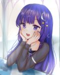  1girl absurdres blush constellation_hair_ornament crescent crescent_hair_ornament draw_with_joo hair_ornament head_rest highres indie_virtual_youtuber long_hair long_sleeves looking_at_viewer nail_polish open_mouth purple_eyes purple_hair see-through smile star_(symbol) star_hair_ornament twixie virtual_youtuber 