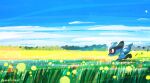  amelicart arms_behind_back cloud day field flower flower_field from_side highres no_humans outdoors pokemon pokemon_(creature) profile red_eyes riolu running signature sky solo yellow_flower 