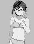  1girl bangs banned_artist bra breasts crossed_bangs glasses greyscale kantai_collection looking_to_the_side makio_(makiomeigenbot) monochrome okinami_(kancolle) panties parted_lips short_hair simple_background small_breasts solo underwear upper_body 
