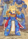  1girl 2boys adeptus_astartes armor artoria_pendragon_(fate) bangs blonde_hair blue_eyes bolter crossover dagger fate/grand_order fate_(series) full_body gun holding holding_dagger holding_gun holding_sword holding_weapon kensaint knife multiple_boys open_mouth pauldrons shoulder_armor solo standing sword warhammer_40k weapon 
