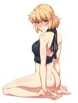  1girl ass back bangs bare_shoulders blonde_hair blush bottomless breasts commentary_request cropped_sweater feet from_behind frown full_body green_eyes halter_top halterneck looking_at_viewer looking_back medium_breasts medium_hair mizuhashi_parsee nose_blush ootsuki_wataru pointy_ears ribbed_sweater shoulder_blades simple_background sitting soles solo sweat sweater thighs toes touhou turtleneck turtleneck_sweater wariza white_background 