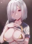  1girl bangs bikini black_background blue_eyes breasts cleavage clothes_lift eyebrows_visible_through_hair grey_hair hair_ornament hair_over_one_eye hairclip hamakaze_(kancolle) highres interstellar kantai_collection large_breasts looking_at_viewer parted_lips school_uniform serafuku shirt shirt_lift short_hair short_sleeves sideboob swimsuit underboob upper_body white_shirt yellow_bikini 