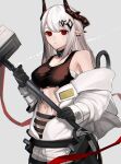  1girl absurdres arknights black_bra black_gloves blush bra breasts chest_sarashi cleavage closed_mouth coat commentary cowboy_shot demon_horns ear_piercing expressionless eyebrows_visible_through_hair gloves grey_background grey_hair hair_ornament hammer highres holding holding_hammer horns infection_monitor_(arknights) long_hair looking_at_viewer medium_breasts mudrock_(arknights) multiple_straps navel off_shoulder open_clothes open_coat oripathy_lesion_(arknights) oxy_ho2 pants piercing pointy_ears red_eyes sarashi simple_background sledgehammer solo sports_bra standing stomach strap underwear white_coat white_pants 