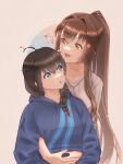  2girls ahoge black_hair blue_eyes blue_sweater braid brown_eyes brown_hair brown_sweater cherry_blossoms commentary_request hair_flaps hair_intakes highres hood hooded_sweater hoodie hug hug_from_behind kantai_collection long_hair multiple_girls official_alternate_costume ponytail ribbed_sweater shigure_(kancolle) shigure_kai_ni_(kancolle) single_braid snosnow sweater upper_body yamato_(kancolle) 