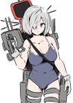  1girl 30-06 alternate_costume blue_eyes blush breasts cleavage collarbone cowboy_shot gloves hair_ornament hair_over_one_eye hairclip hamakaze_(kancolle) highres holding holding_turret kantai_collection large_breasts looking_at_viewer one-piece_swimsuit school_swimsuit short_hair simple_background solo swimsuit turret white_background white_gloves white_hair 