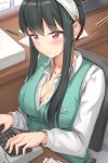  1girl absurdres bangs black_hair blush breasts chair cleavage closed_mouth collared_shirt desk earrings eru_(aeeu2243) gold_earrings green_vest hairband highres jewelry medium_breasts office_chair office_lady paper partially_unbuttoned pen raised_eyebrows red_eyes shirt sitting solo spy_x_family sweatdrop typewriter typing upper_body vest white_hairband white_shirt yor_briar 