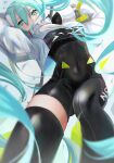  1girl aqua_eyes aqua_hair bodysuit goodsmile_racing hatsune_miku long_hair looking_at_viewer racing_miku racing_miku_(2022) setta_shu single_thighhigh solo thighhighs twintails very_long_hair vocaloid 