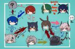  1other 6+girls :x ? ^_^ amiya_(arknights) animal_ears arknights arrow_(symbol) bangs black_hair blue_background blue_eyes blue_hair brown_eyes ch&#039;en_(arknights) character_request chibi closed_eyes doctor_(arknights) exusiai_(arknights) eyebrows_visible_through_hair green_hair grey_hair hair_between_eyes hair_over_one_eye half-closed_eyes halo highres hood hood_up horns hoshiguma_(arknights) lappland_(arknights) long_hair low_ponytail mostima_(arknights) multiple_girls orange_eyes pink_eyes ponytail rabbit_ears red_eyes red_hair relationship_graph senjou_no_pentsu single_horn texas_(arknights) translation_request yellow_eyes 