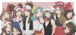  6+girls bandana baseball_cap beanie black_hair blue_hair blush brown_hair dawn_(pokemon) double_bun eyewear_on_headwear female_protagonist_(pokemon_sv) gloria_(pokemon) hat highres hilda_(pokemon) kris_(pokemon) leaf_(pokemon) looking_at_viewer may_(pokemon) milka_(milk4ppl) multiple_girls pleated_skirt poke_ball_symbol pokemon pokemon_(game) pokemon_bw pokemon_bw2 pokemon_dppt pokemon_frlg pokemon_gsc pokemon_rse pokemon_sm pokemon_sv pokemon_swsh pokemon_xy red_scarf red_skirt rosa_(pokemon) scarf selene_(pokemon) serena_(pokemon) skirt sleeveless sun_hat sunglasses tam_o&#039;_shanter twintails v visor_cap 