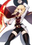  1girl bike_shorts blonde_hair breasts cape deadpan drill_hair erika_wagner fire flame hand_on_hip highres holding holding_weapon long_hair red_eyes shield simple_background small_breasts solo sword thighhighs twin_drills twintails udakyo under_night_in-birth weapon white_background zettai_ryouiki 