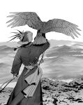  1boy animal animal_on_arm arm_at_side bird bird_on_arm bow_(weapon) braid braided_ponytail dagger day facing_away falconry floating_hair from_behind fur_hat gloves greyscale hair_ribbon hat hat_feather highres holding holding_bow_(weapon) holding_weapon kenkon_no_washi knife long_hair long_sleeves male_focus monochrome mountainous_horizon outdoors outstretched_arm ribbon robe sash single_braid sky standing suzumori_521 weapon weapon_on_back 