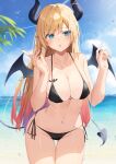 1girl absurdres bangs blonde_hair blue_eyes blush breasts cleavage collarbone demon_girl demon_horns demon_tail demon_wings eyebrows_visible_through_hair highres hololive horns large_breasts long_hair looking_at_viewer open_mouth pointy_ears solo swimsuit taht_(that_is_mm) tail virtual_youtuber wings yuzuki_choco 