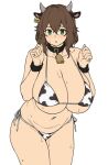  1girl :o animal_ears animal_print bangs bell bikini black_collar blush breasts brown_hair cleavage collar cow_ears cow_girl cow_horns cow_print cuffs ear_tag eyebrows_visible_through_hair green_eyes hands_up highres horns houtengeki huge_breasts looking_at_viewer navel neck_bell original parted_lips short_hair side-tie_bikini sideboob simple_background solo swimsuit thighs underboob white_background 