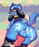  absurd_res animal_genitalia animal_penis anthro anus balls big_butt blue_body bodily_fluids butt canine_penis cum cum_in_ass cum_inside cum_on_butt genital_fluids genitals hand_on_butt hi_res looking_at_viewer lucidkitty male nintendo open_mouth penis pok&eacute;mon pok&eacute;mon_(species) presenting presenting_penis rear_view riolu solo video_games 