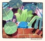  amelicart border brick bright_pupils closed_mouth highres leaf no_humans oddish plant pokemon pokemon_(creature) red_eyes shade signature sitting solo white_pupils 