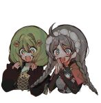  2girls ahoge bangs blue_eyes braid capelet commission commissioner_upload fire_emblem fire_emblem:_three_houses fire_emblem_fates flayn_(fire_emblem) green_eyes hairband highres hood hooded_capelet kyuumn multiple_girls nina_(fire_emblem) non-web_source open_mouth twin_braids upper_body 