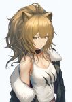  1girl absurdres animal_ears arknights black_collar black_jacket breasts brown_eyes brown_hair cleavage collar fur-trimmed_jacket fur_trim hair_between_eyes highres jacket lion_ears long_hair looking_at_viewer medium_breasts off_shoulder open_clothes open_jacket ponytail siege_(arknights) simple_background solo studded_collar tank_top upper_body white_background white_tank_top yasu_(segawahiroyasu) 