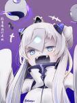  +++ 1girl abyssal_ship akino_shuu blue_eyes character_name colored_skin enemy_aircraft_(kancolle) fangs horns kantai_collection long_hair ofuda open_mouth skirt sleeves_past_fingers sleeves_past_wrists solo super_heavy_bomber_airfield_princess twitter_username upper_body white_hair white_skin white_skirt wide_sleeves 