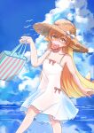  1girl absurdres bag bangs bare_shoulders bird blonde_hair blue_sky blush bow breasts cloud commentary doughnut dress dress_bow edwardlo311 fang feet_out_of_frame food food_in_mouth hat hat_bow highres holding holding_bag long_hair looking_at_viewer monogatari_(series) mouth_hold ocean oshino_shinobu pink_bow shaded_face skin_fang sky sleeveless sleeveless_dress small_breasts solo straw_hat striped sun_hat sundress vertical_stripes very_long_hair walking white_bow white_dress yellow_eyes 