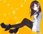  1girl black_hair black_legwear bow brown_eyes brown_hair hair_bow hair_ornament hanabasami_kyou jacket jewelry long_hair long_sleeves looking_at_viewer open_mouth pantyhose re:act ribbon shirt skirt solo suu2510 virtual_youtuber 