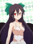  1girl alternate_costume bangs bird_wings black_hair black_wings blush breasts camisole cato_(monocatienus) cleavage commentary_request expressionless hair_between_eyes highres long_hair looking_at_viewer medium_breasts open_mouth red_eyes reiuji_utsuho solo strap_slip touhou upper_body white_camisole wings 