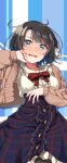  1girl absurdres blue_eyes blush bow breasts brown_hair cardigan casual collarbone dodome-iro_mayonnaise eyebrows_visible_through_hair hair_ribbon high-waist_skirt highres hololive long_skirt medium_breasts oozora_subaru open_mouth ribbon short_hair skirt solo sweat virtual_youtuber wavy_hair 