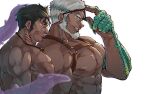  2boys abs aegir_(housamo) anchor_earrings aqua_hair areolae bara beard blue_eyes chest_harness dagon_(housamo) dark-skinned_male dark_skin earrings eyewear_on_head facial_hair fingernails fins fish_boy from_side grey_hair harness jewelry large_pectorals long_sideburns male_focus mature_male multicolored_hair multiple_boys muscular muscular_male noramoso official_alternate_costume pectorals sharp_fingernails short_hair sideburns single_earring smirk stomach streaked_hair sunglasses tentacles thick_eyebrows tokyo_afterschool_summoners upper_body white_hair 