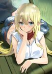  1girl bandana bangs blonde_hair blue_eyes blush breasts cleavage closed_mouth denim elf eyebrows_behind_hair gate_-_jieitai_ka_no_chi_nite_kaku_tatakaeri grass hair_between_eyes hand_on_own_chin head_rest jeans kesoshirou large_breasts long_hair looking_at_viewer lying on_stomach pants pointy_ears red_bandana shirt sleeveless sleeveless_shirt smile solo tuka_luna_marceau white_shirt wooden_floor 