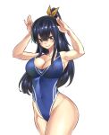  1girl armpits arms_up ass bangs blue_hair blue_swimsuit bow breasts brown_eyes bunny_pose cleavage closed_mouth collarbone covered_navel cowboy_shot eden&#039;s_zero eyebrows_visible_through_hair groin hair_between_eyes hair_bow high_ponytail highleg highleg_swimsuit highres homura_kogetsu large_breasts long_hair looking_at_viewer mashima_hiro mole mole_under_eye one-piece_swimsuit parted_bangs simple_background smile swimsuit thighs white_background yellow_bow 