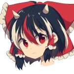  bangs black_hair bow closed_mouth cosplay eyebrows_visible_through_hair hair_between_eyes hair_bow hakurei_reimu hakurei_reimu_(cosplay) horns kijin_seija looking_at_viewer multicolored_hair natsu_(tohotiara) portrait red_bow red_eyes red_hair short_hair simple_background streaked_hair touhou white_background white_hair 