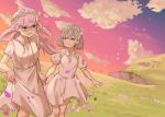  2girls ahoge alternate_costume alternate_eyewear bangs blunt_bangs cloud cloudy_sky collared_dress dress eyebrows_visible_through_hair feet_out_of_frame flower glasses gradient_sky grass grey_hair head_wreath highres hill holding_hands kazari_jun long_hair looking_at_another magia_record:_mahou_shoujo_madoka_magica_gaiden mahou_shoujo_madoka_magica medium_dress miwa_mitsune multiple_girls nanakamado nature outdoors petals pink_eyes pink_flower pink_hair plant puffy_short_sleeves puffy_sleeves scenery short_dress short_hair short_sleeves sidelocks sky sunset white_dress wind 