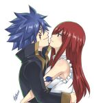  1boy 1girl arm_tattoo bangs blue_hair breasts brown_eyes collared_jacket couple dress erza_scarlet eye_contact eyebrows_visible_through_hair face-to-face facial_tattoo fairy_tail fairy_tail_logo from_side hair_between_eyes high_collar hug jellal_fernandes large_breasts long_hair long_sleeves looking_at_another mashima_hiro profile red_hair shirt signature simple_background sleeveless sleeveless_shirt spiked_hair strapless strapless_dress tattoo white_background white_shirt 