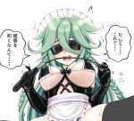  1girl apron bangs black_footwear black_gloves blush braid breasts commentary_request covered_nipples dated dominatrix elbow_gloves eyebrows_visible_through_hair furrowed_brow gloves green_hair hair_between_eyes holding_riding_crop kantai_collection large_breasts latex long_hair maid maid_apron maid_headdress open_mouth revealing_clothes side_braids signature simple_background solo speech_bubble sweat tk8d32 translation_request underbust upper_body waist_apron wavy_mouth white_background yamakaze_(kancolle) 
