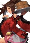  1girl bangs baozi bare_shoulders breasts brown_eyes brown_hair chinese_clothes detached_sleeves food from_side guilty_gear guilty_gear_xrd hair_ornament hairclip holding holding_tray hungry_clicker kuradoberi_jam large_breasts leg_up long_hair looking_at_viewer looking_to_the_side open_mouth simple_background skin_tight skirt smile solo thigh_strap thighs tray very_long_hair white_background wide_sleeves 