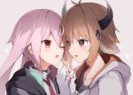  2boys a.a_(aa772) animal_ears ansel_(arknights) arknights bangs bison_(arknights) black_choker black_jacket black_shirt blush brown_eyes brown_hair choker collared_shirt eye_contact eyebrows_visible_through_hair fingerless_gloves gloves grey_background hair_between_eyes hand_up heart hood hood_down hooded_jacket horns interlocked_fingers jacket long_hair looking_at_another multiple_boys necktie one_eye_closed open_clothes open_jacket parted_lips pink_hair red_eyes red_necktie shirt simple_background tongue tongue_out upper_body white_gloves white_jacket white_shirt yaoi 