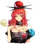  1girl black_shirt breasts chain cleavage closed_mouth clothes_writing collarbone earth_(ornament) eyebrows_visible_through_hair hecatia_lapislazuli highres large_breasts medium_hair moon_(ornament) off-shoulder_shirt off_shoulder one_eye_closed polos_crown raptor7 red_eyes red_hair shirt simple_background smile solo t-shirt touhou upper_body white_background 