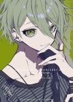  1boy amami_rantarou bangs bracelet collarbone copyright_name danganronpa_(series) danganronpa_v3:_killing_harmony ear_piercing earrings english_text green_background green_eyes green_hair hand_up highres jewelry looking_at_viewer mochizuki_kei necklace pale_skin piercing shiny shiny_hair shirt short_hair simple_background solo striped striped_shirt 